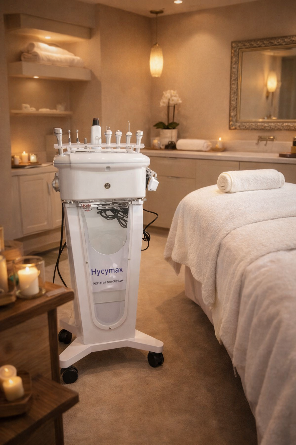 Hycymax facial machine in a candlelit spa treatment room